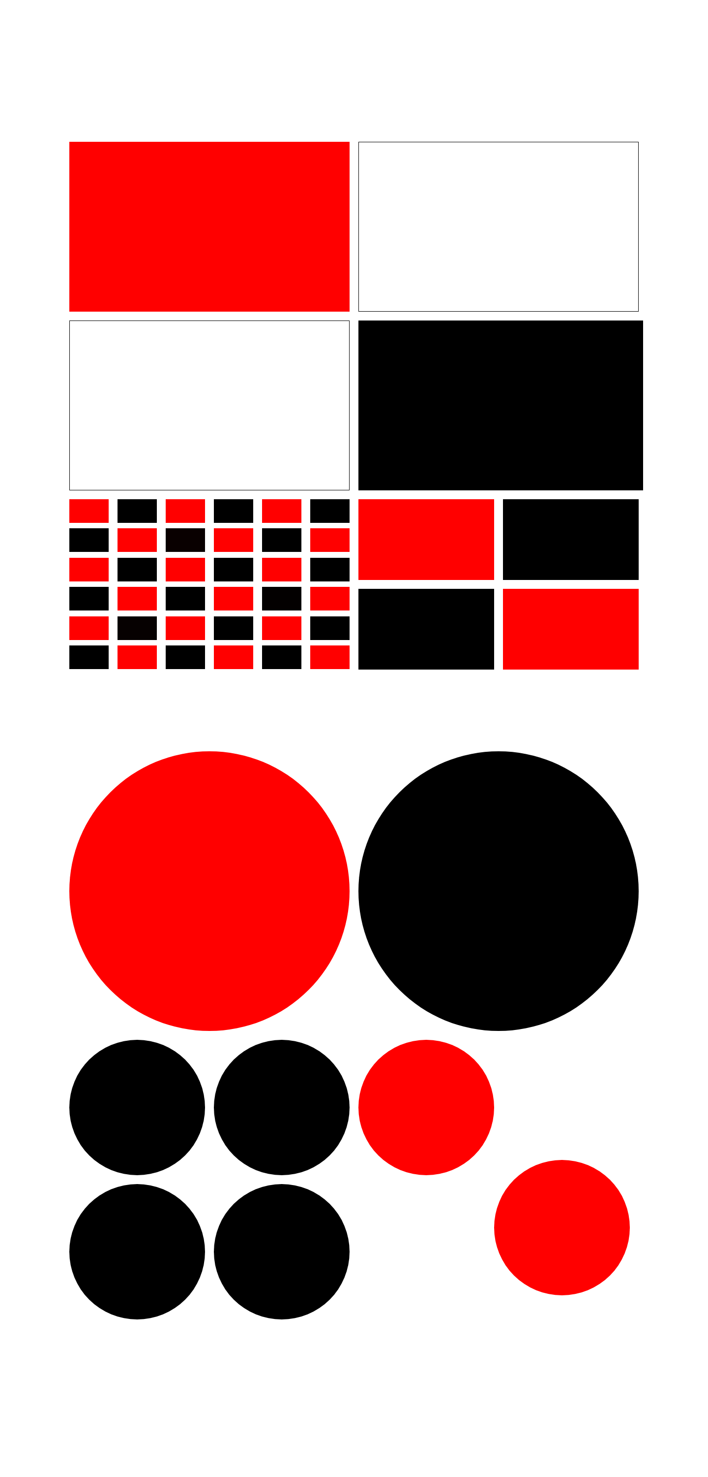 first grid with red and black rectangles and circles